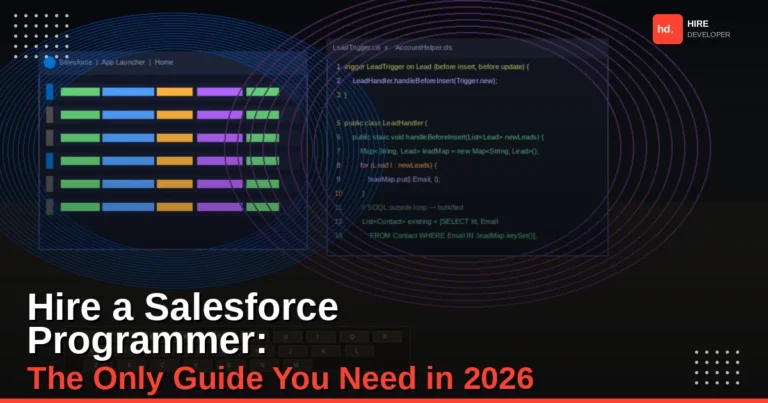 Hire salesforce programmer working with apex code and salesforce lightning crm on dual monitor setup