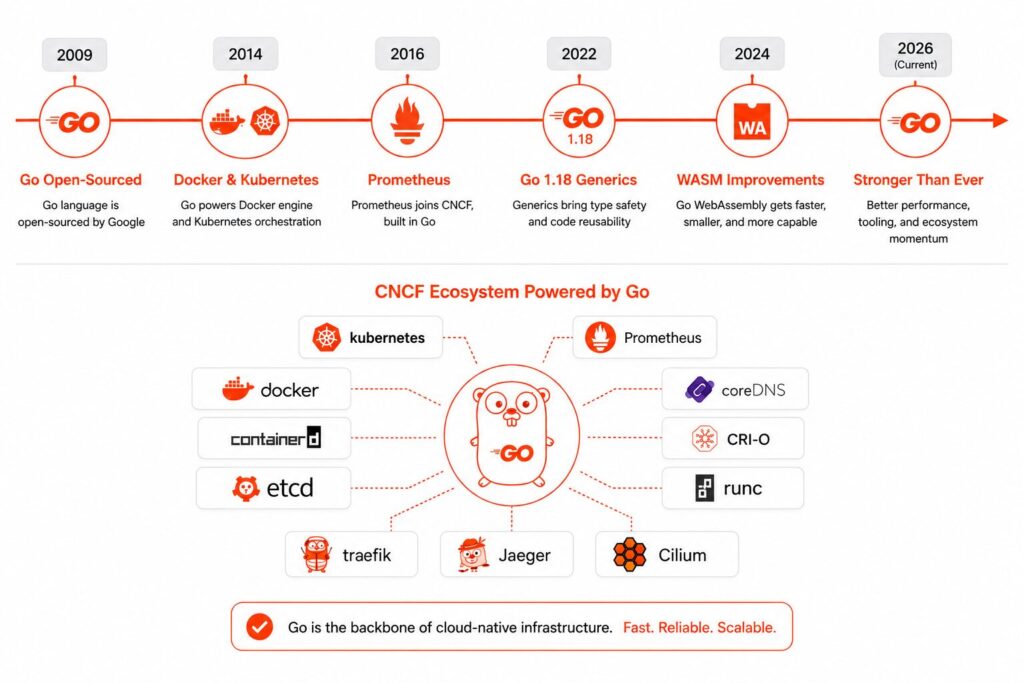 Go language evolution timeline — from 2009 open source release through Kubernetes, Prometheus, Go 1.18 generics, and WASM support