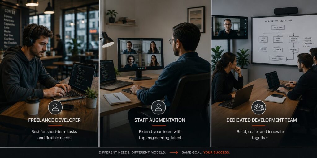 Three remote Golang developer engagement models — freelance, staff augmentation, and dedicated remote team.