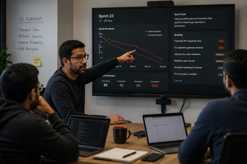 Startup engineering team reviewing sprint backlog — signal that in-house golang capacity needs expansion.