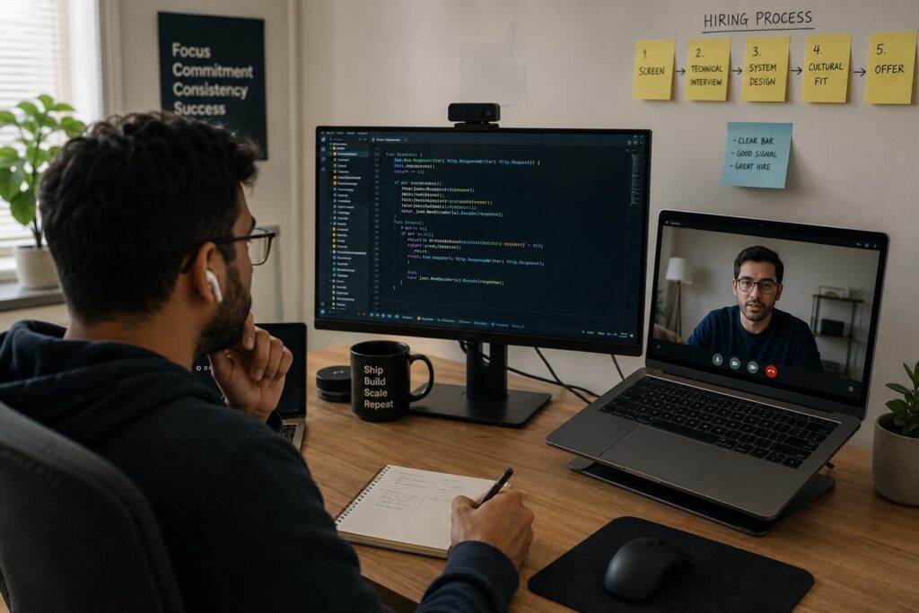 Technical interview process for remote Golang developer hiring — code review and system design assessment.