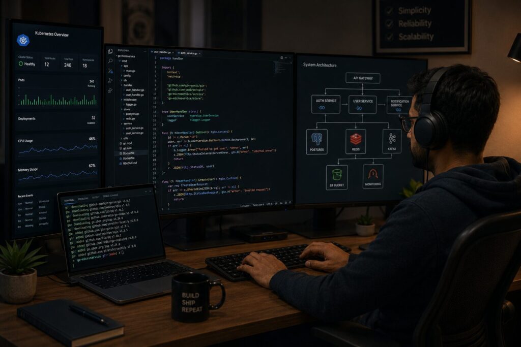 Remote Golang engineer building microservices backend — Go code, Kubernetes dashboard, and architecture diagram visible.